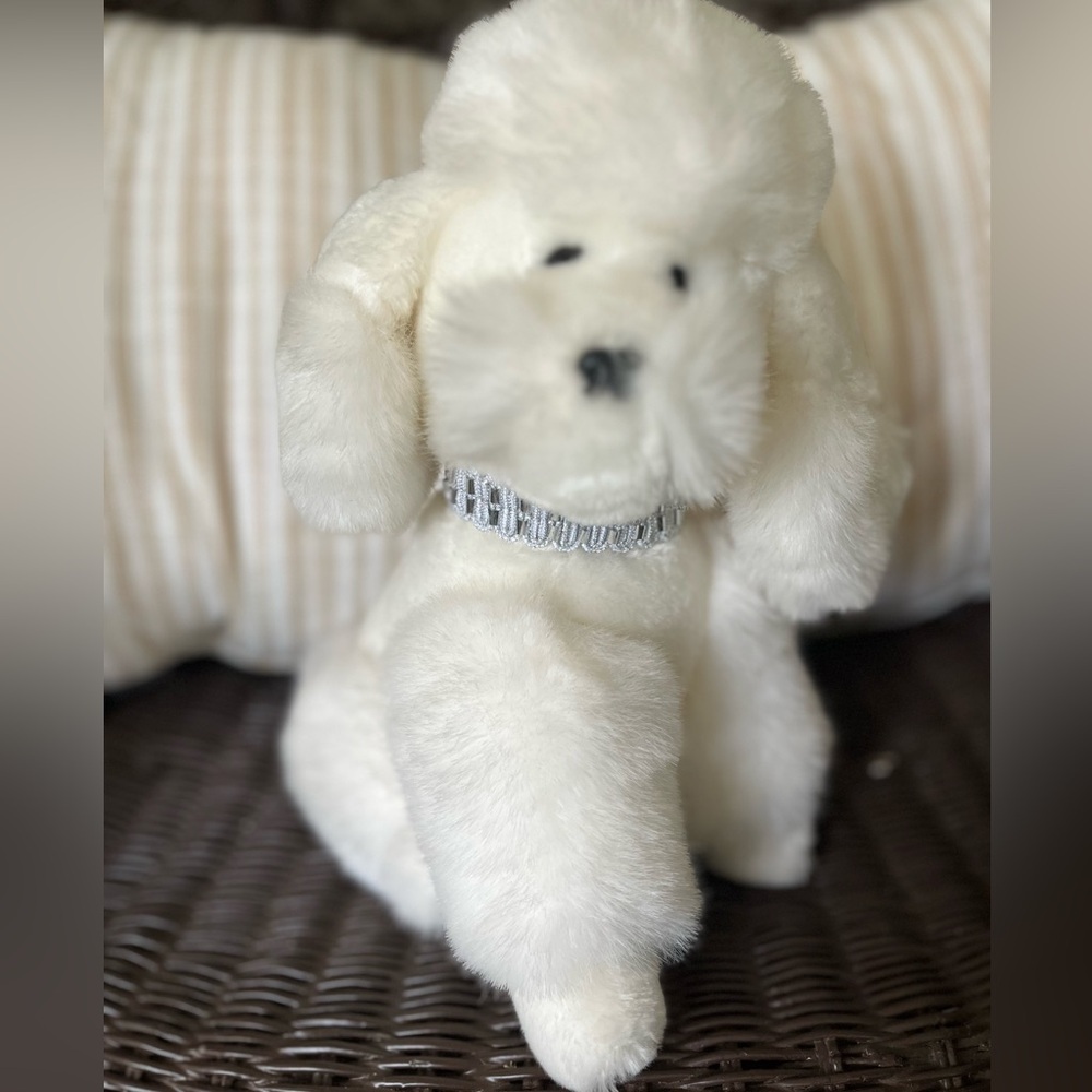 Vintage 1985 24K Polar Puff Vintage White Poodle Dog Andrea Plush Silver Collar